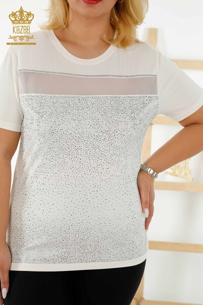 Bluză de damă cu ridicata cu piatră de cristal brodat Ecru - 79101 | KAZEE - Thumbnail