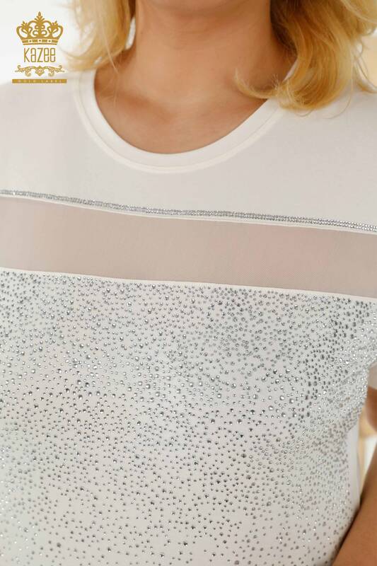 Bluză de damă cu ridicata cu piatră de cristal brodat Ecru - 79101 | KAZEE