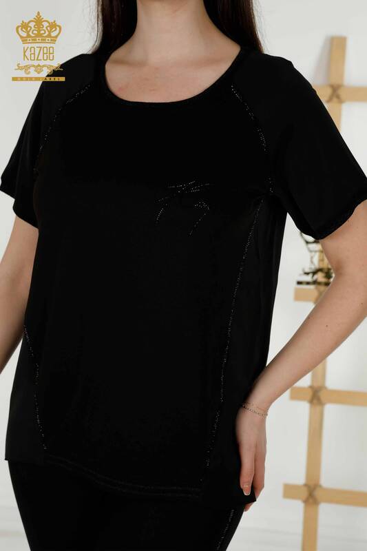 Bluză de damă cu ridicata cu piatră de cristal brodat negru - 79232 | KAZEE
