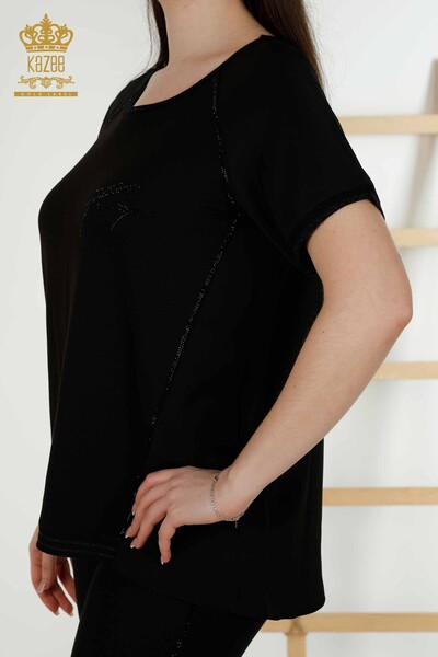 Bluză de damă cu ridicata cu piatră de cristal brodat negru - 79232 | KAZEE - Thumbnail