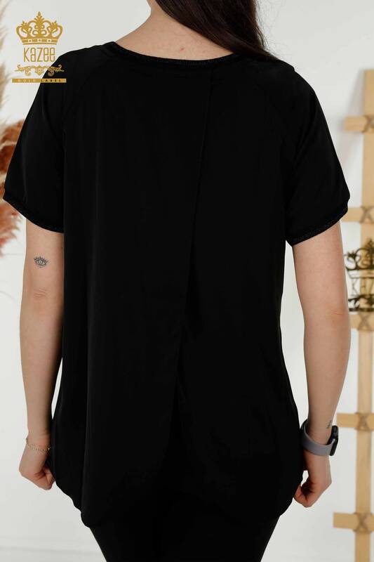 Bluză de damă cu ridicata cu piatră de cristal brodat negru - 79232 | KAZEE