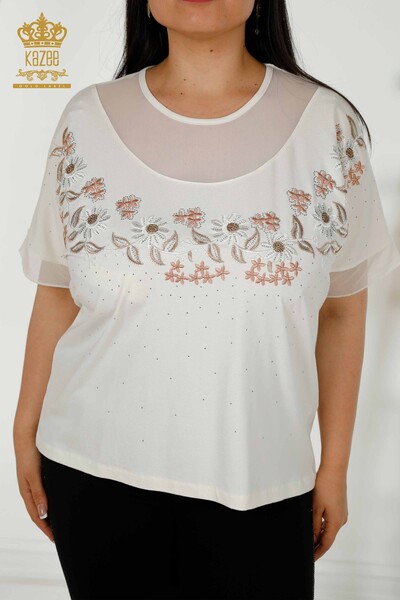 Bluză de damă cu ridicata cu modele florale Ecru - 79137 | KAZEE - Thumbnail
