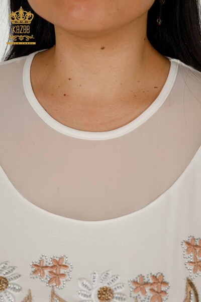 Bluză de damă cu ridicata cu modele florale Ecru - 79137 | KAZEE - Thumbnail