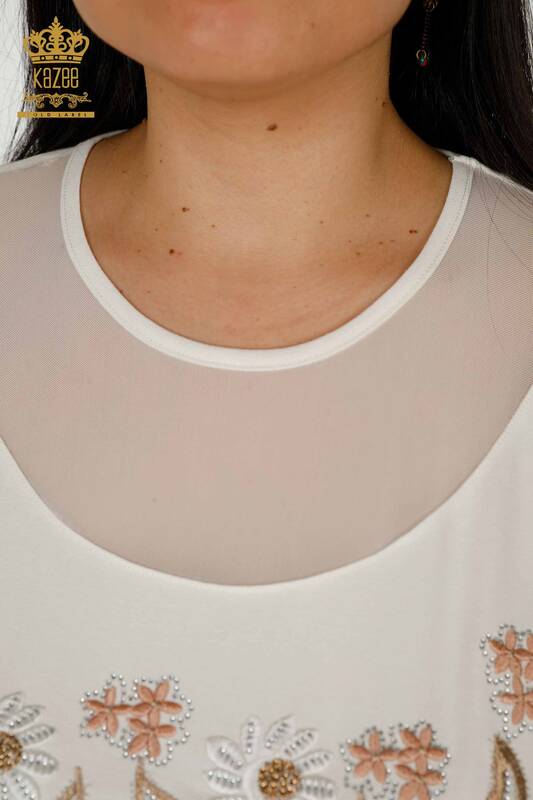 Bluză de damă cu ridicata cu modele florale Ecru - 79137 | KAZEE