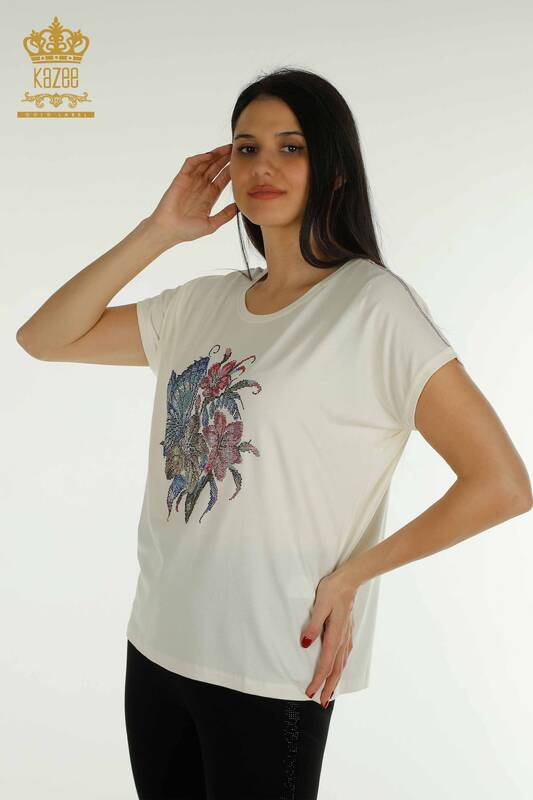Bluză de damă cu ridicata cu modele florale Ecru - 79352 | KAZEE