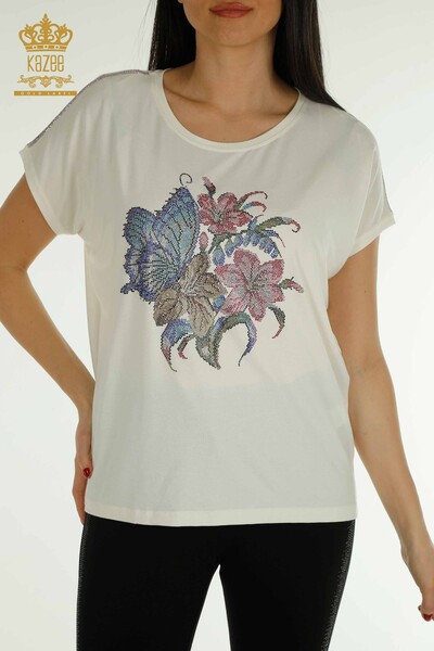 Bluză de damă cu ridicata cu modele florale Ecru - 79352 | KAZEE - Thumbnail