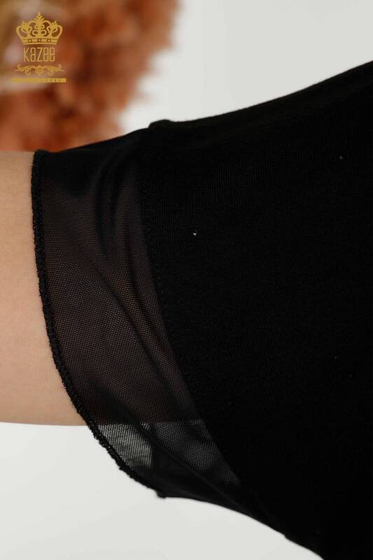 Bluză de damă cu ridicata cu model floral negru - 79137 | KAZEE