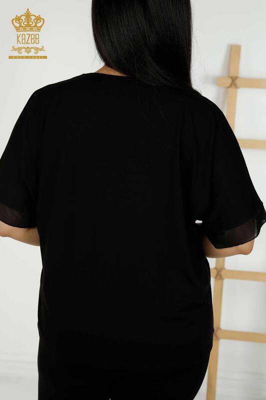 Bluză de damă cu ridicata cu model floral negru - 79137 | KAZEE