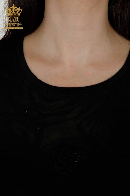 Bluză de damă cu ridicata cu model trandafir negru - 79131 | KAZEE