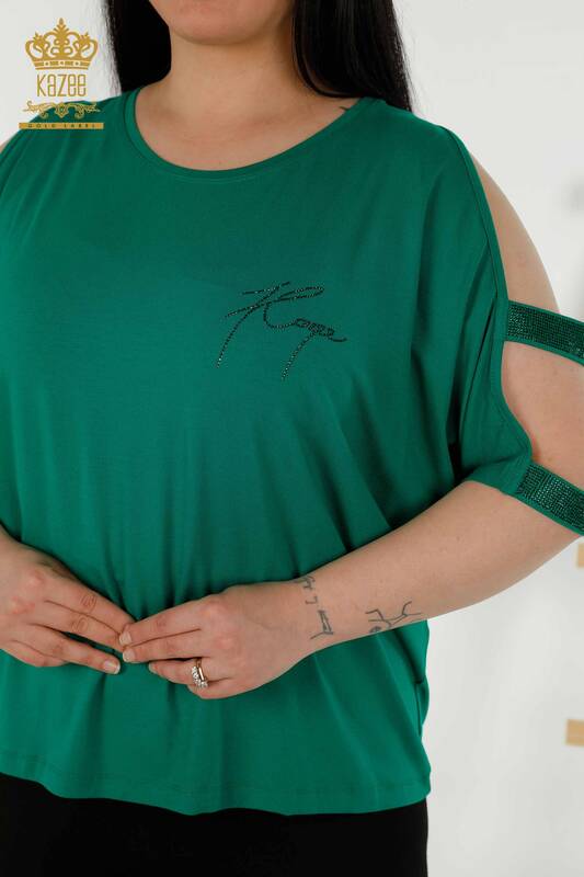 Bluză de damă cu ridicata cu detaliu pe umeri Verde - 79108 | KAZEE