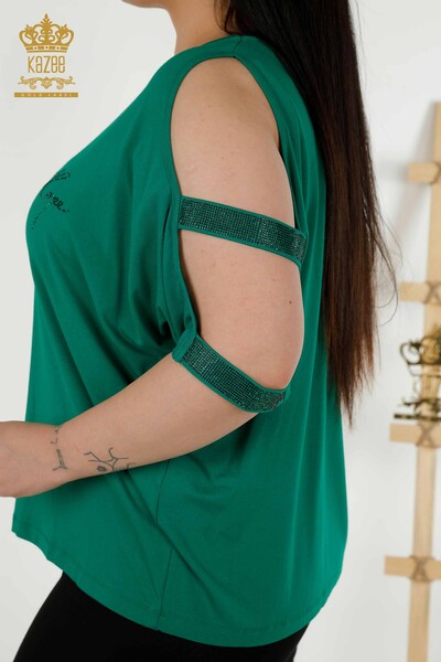 Bluză de damă cu ridicata cu detaliu pe umeri Verde - 79108 | KAZEE - Thumbnail