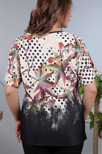 Comerț cu ridicata pentru femei din bumbac pieptănat digital cu buline și model floral - 12004 | kazee - Thumbnail