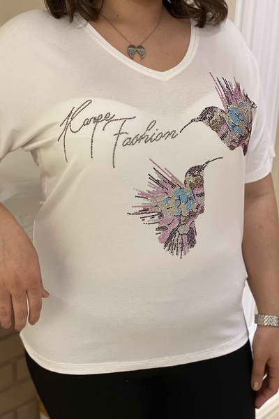 Bluză en-gros de damă cu figuri de păsări și broderie cu piatră colorată - 77508 | Kazee - Thumbnail