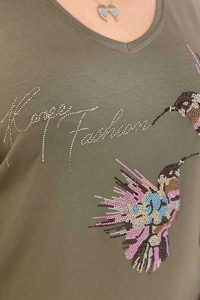 Bluză en-gros de damă cu figuri de păsări și broderie cu piatră colorată - 77508 | Kazee - Thumbnail