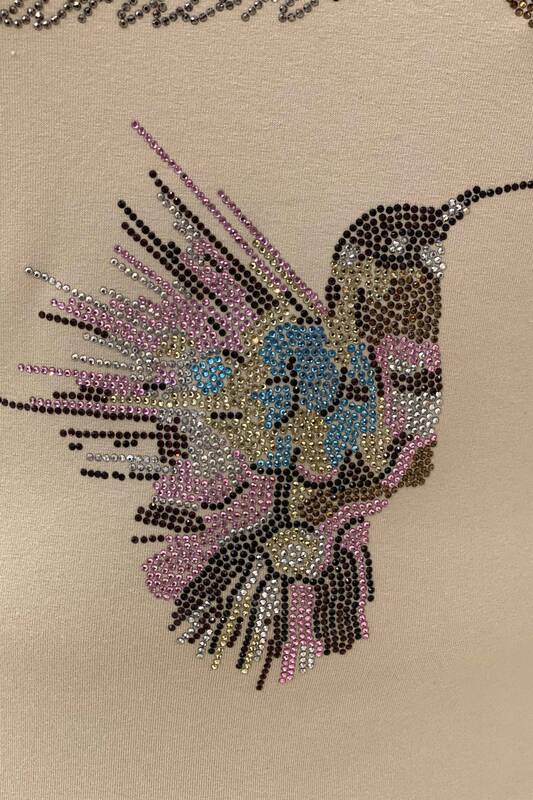 Bluză en-gros de damă cu figuri de păsări și broderie cu piatră colorată - 77508 | Kazee