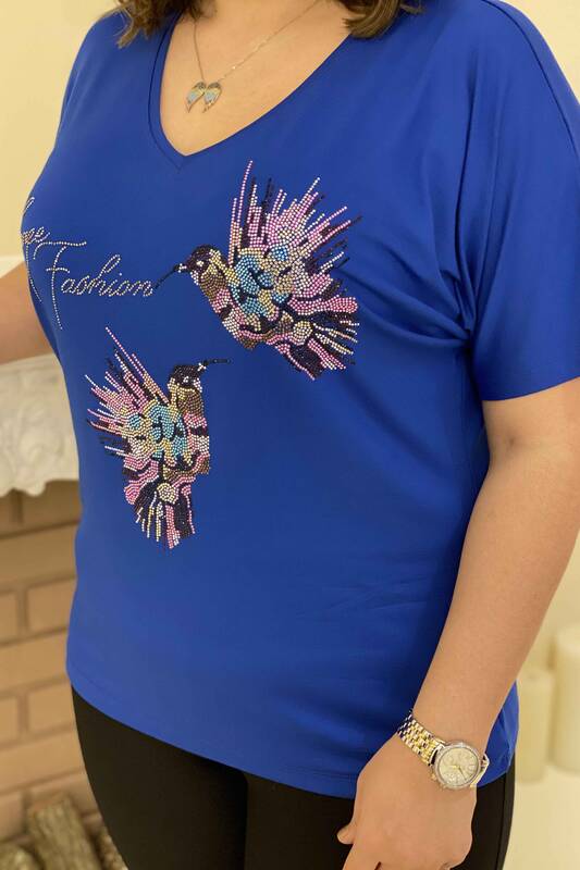 Bluză en-gros de damă cu figuri de păsări și broderie cu piatră colorată - 77508 | Kazee