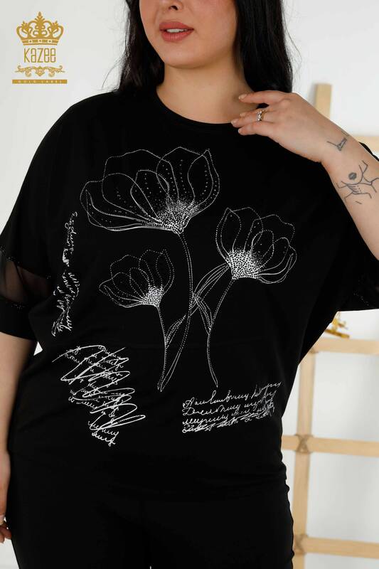 Bluză de damă cu ridicata cu modele florale neagră - 79059 | KAZEE