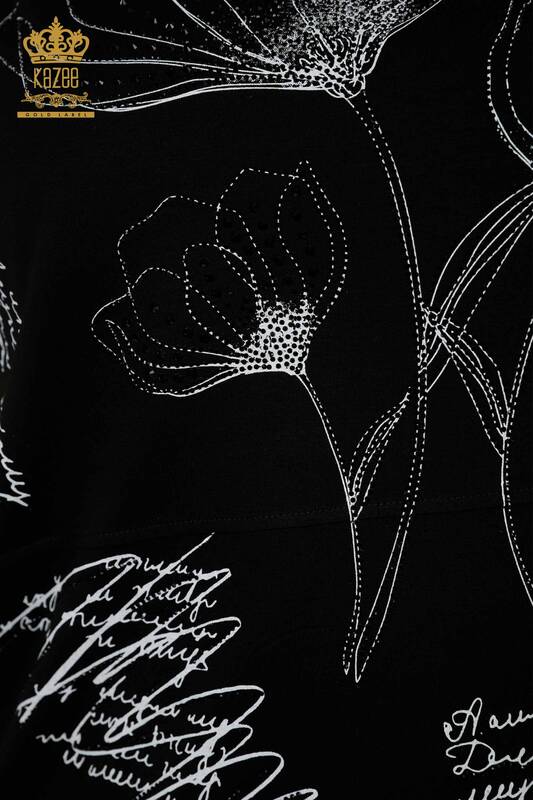 Bluză de damă cu ridicata cu modele florale neagră - 79059 | KAZEE