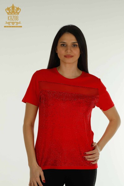 Bluză de damă cu ridicata cu piatră de cristal brodat roșu - 79101 | KAZEE - Thumbnail