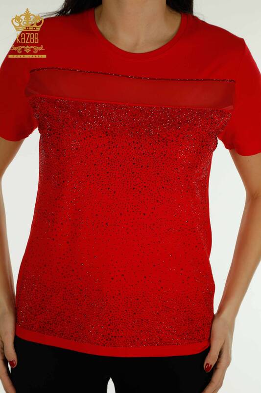 Bluză de damă cu ridicata cu piatră de cristal brodat roșu - 79101 | KAZEE