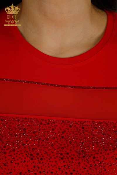 Bluză de damă cu ridicata cu piatră de cristal brodat roșu - 79101 | KAZEE - Thumbnail
