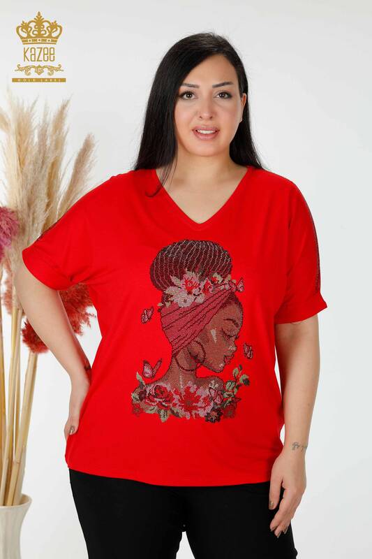 Bluză de damă cu ridicata cu piatră colorată roșu brodat - 78913 | KAZEE