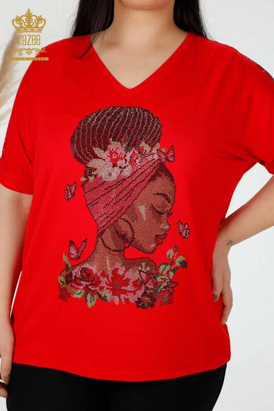Bluză de damă cu ridicata cu piatră colorată roșu brodat - 78913 | KAZEE