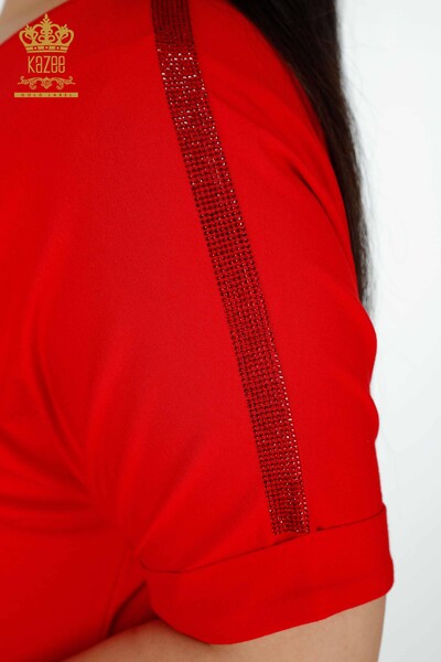Bluză de damă cu ridicata cu piatră colorată roșu brodat - 78913 | KAZEE - Thumbnail