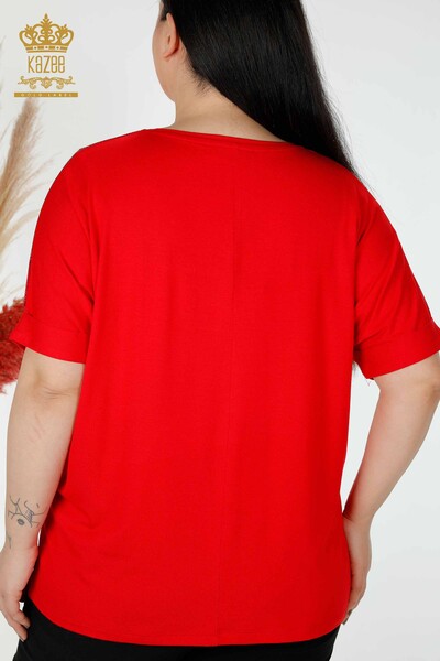 Bluză de damă cu ridicata cu piatră colorată roșu brodat - 78913 | KAZEE - Thumbnail