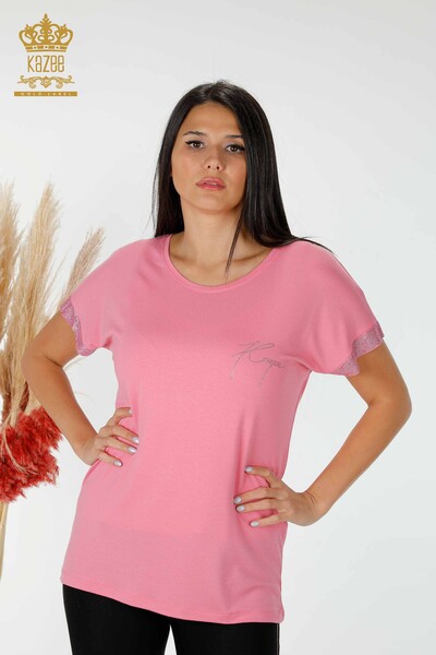 Bluza de dama cu ridicata cu piatra de cristal brodata roz - 78993 | KAZEE - Thumbnail
