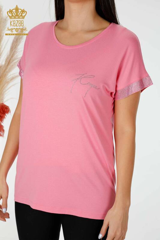 Bluza de dama cu ridicata cu piatra de cristal brodata roz - 78993 | KAZEE