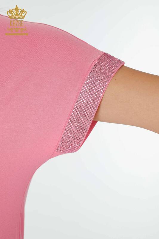 Bluza de dama cu ridicata cu piatra de cristal brodata roz - 78993 | KAZEE