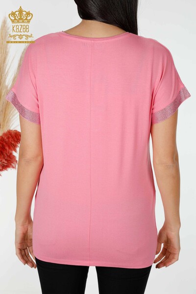 Bluza de dama cu ridicata cu piatra de cristal brodata roz - 78993 | KAZEE - Thumbnail