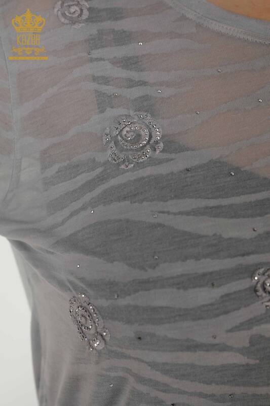 Bluză de damă cu ridicata cu model trandafir gri - 79131 | KAZEE