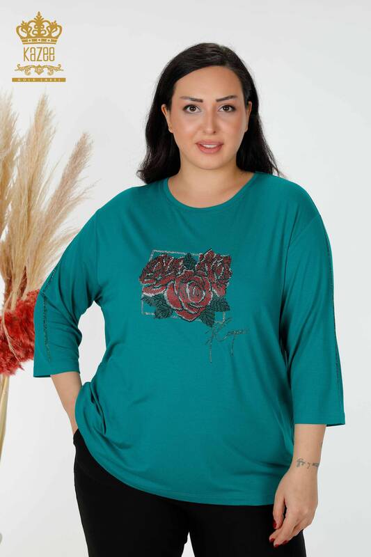 Bluză de damă cu ridicata verde cu model trandafir - 78951 | KAZEE