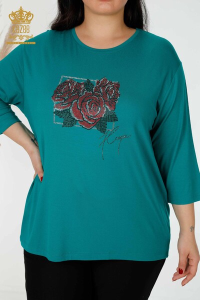Bluză de damă cu ridicata verde cu model trandafir - 78951 | KAZEE - Thumbnail