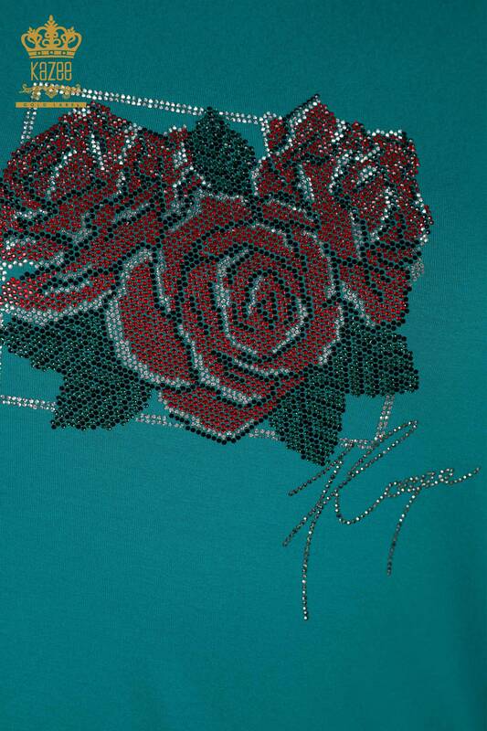 Bluză de damă cu ridicata verde cu model trandafir - 78951 | KAZEE