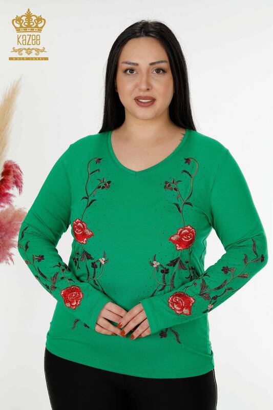 Bluză de damă cu ridicata verde cu model trandafir - 79044 | KAZEE