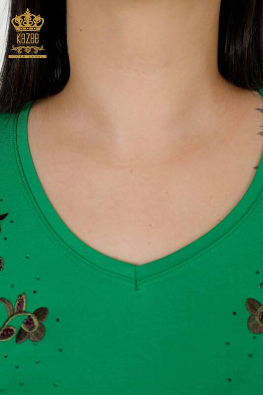Bluză de damă cu ridicata verde cu model trandafir - 79044 | KAZEE