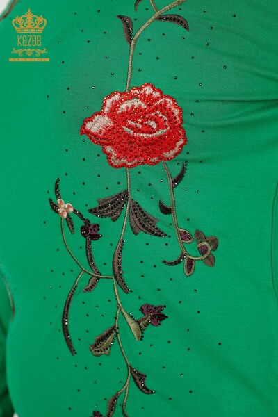Bluză de damă cu ridicata verde cu model trandafir - 79044 | KAZEE - Thumbnail