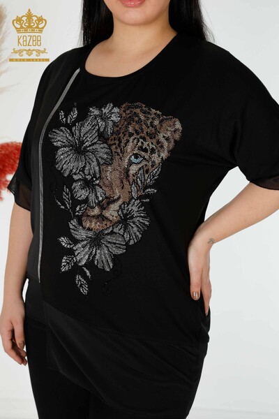 Bluză de damă cu ridicata cu model de flori de tigru negru - 79029 | KAZEE - Thumbnail