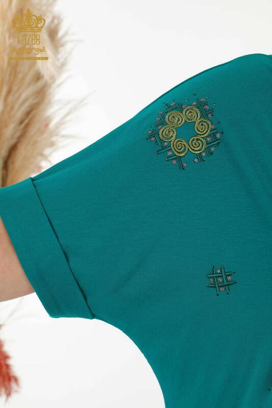 Bluză de damă cu ridicata cu modele florale verde - 78879 | KAZEE