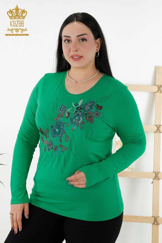 Bluză de damă cu ridicata cu modele florale verde - 79045 | KAZEE