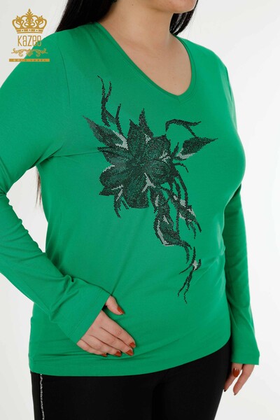 Bluză de damă cu ridicata cu piatră de cristal brodat verde - 79048 | KAZEE - Thumbnail