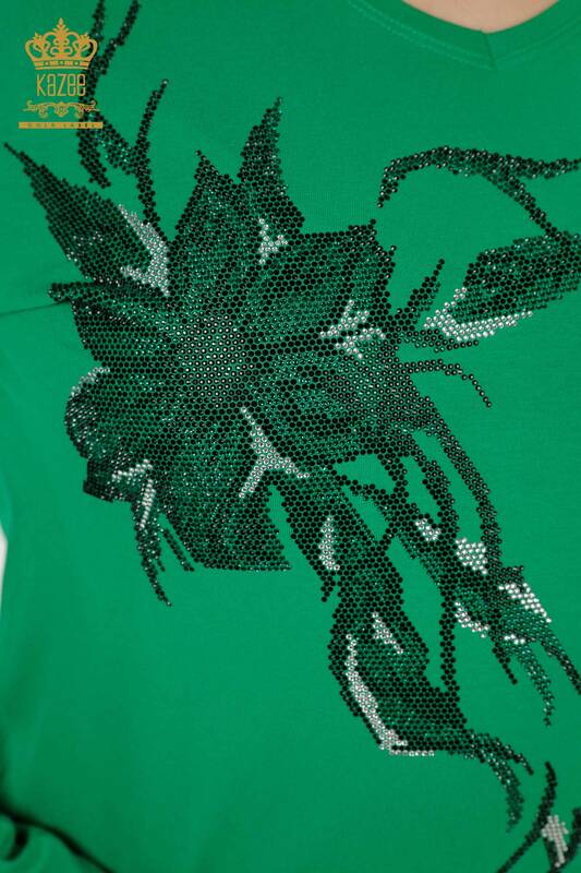Bluză de damă cu ridicata cu piatră de cristal brodat verde - 79048 | KAZEE