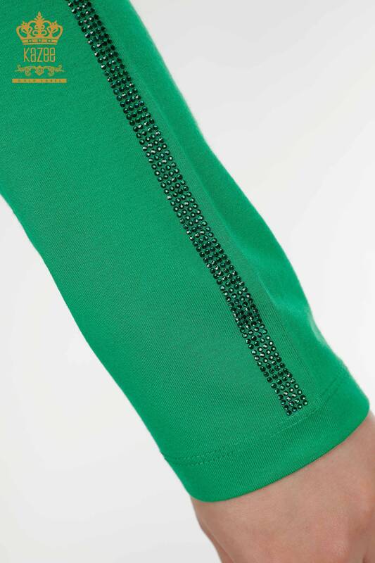 Bluză de damă cu ridicata cu piatră de cristal brodat verde - 79048 | KAZEE