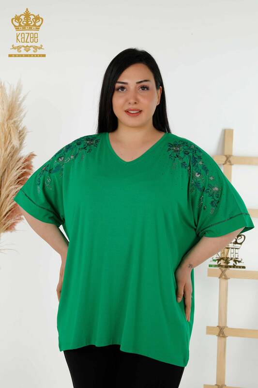 Bluză de damă cu ridicata cu modele florale verde - 79068 | KAZEE