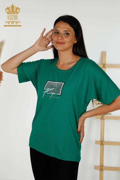 Bluză de damă cu ridicata cu piatră de cristal brodat verde - 79389 | KAZEE - Thumbnail