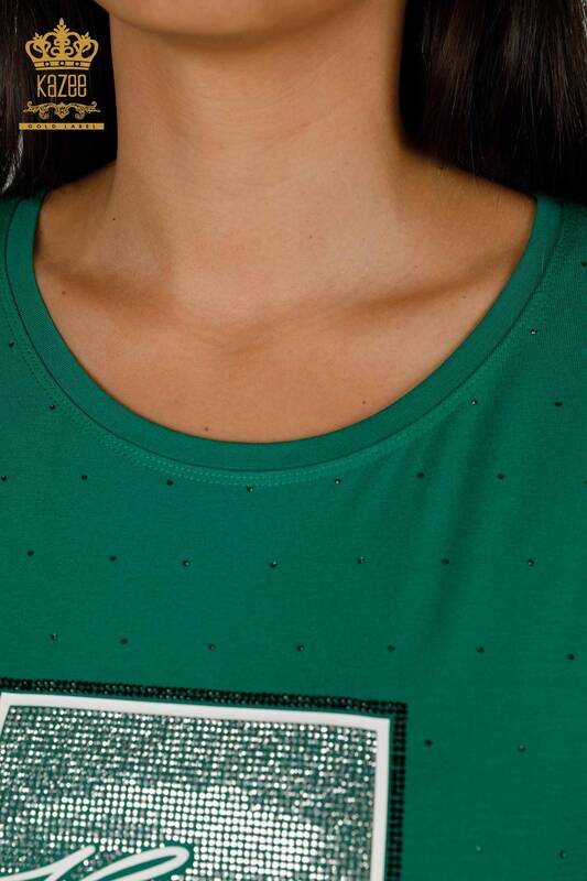 Bluză de damă cu ridicata cu piatră de cristal brodat verde - 79389 | KAZEE