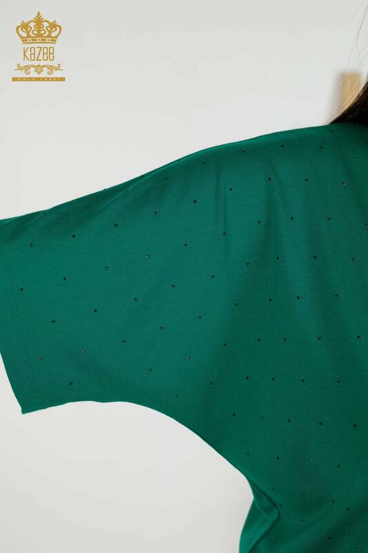 Bluză de damă cu ridicata cu piatră de cristal brodat verde - 79389 | KAZEE